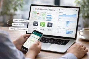 Esquema técnico de google my business tracking para atribución de llamadas y WhatsApp en GA4.